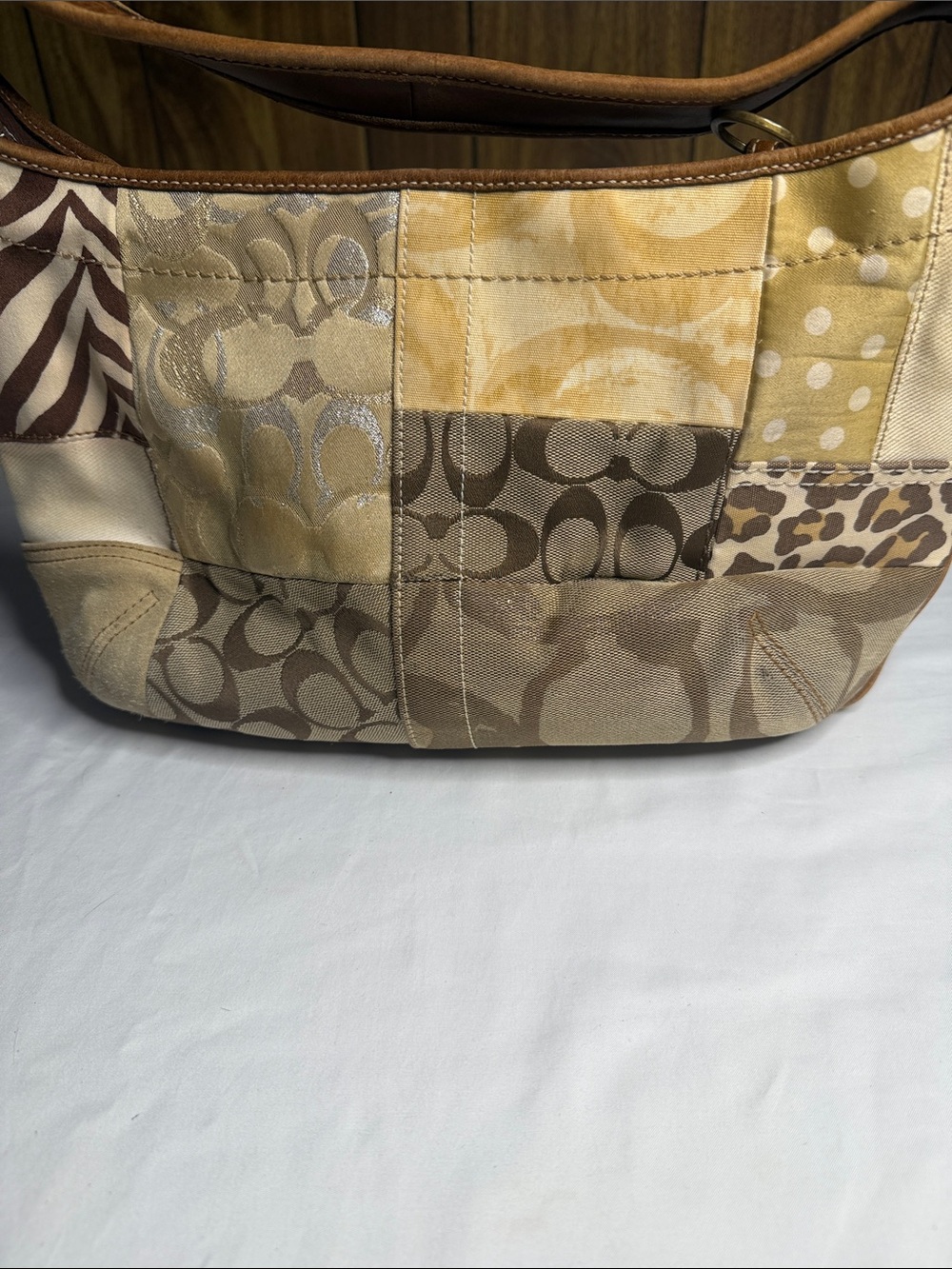 Vintage Coach Patchwork Signature Shoulder Bag in Beige Brown - Picture 7 of 12